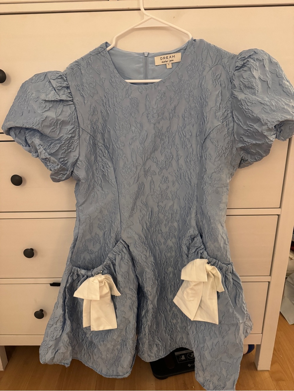 Dream Sister Jane jacquard bow mini dress in powder blue - Picture 6 of 9